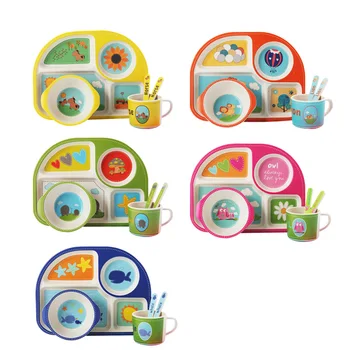 

New 5pcs/set Baby Dinnerware Bamboo Fiber Children Tableware Set Plate Dishes Bowl With Spoon Cartoon Feeding Set Food Container