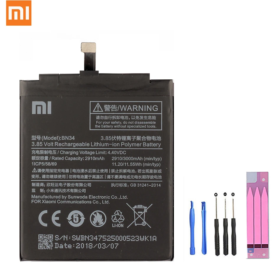 

XiaoMi 100% Original Phone Battery BN34 For Xiaomi Redmi 5A 5.0" Replacement Battery 2910 mAh Mobile Phone Batteries+ Free Tools
