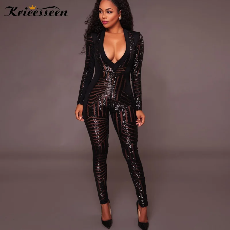 

Kricessen Sexy Women Black Sequin Jumpsuit Geometric Sparkly Long Sleeve Skinny Jumpsuit Patchwork Party Club Romper Plus Size