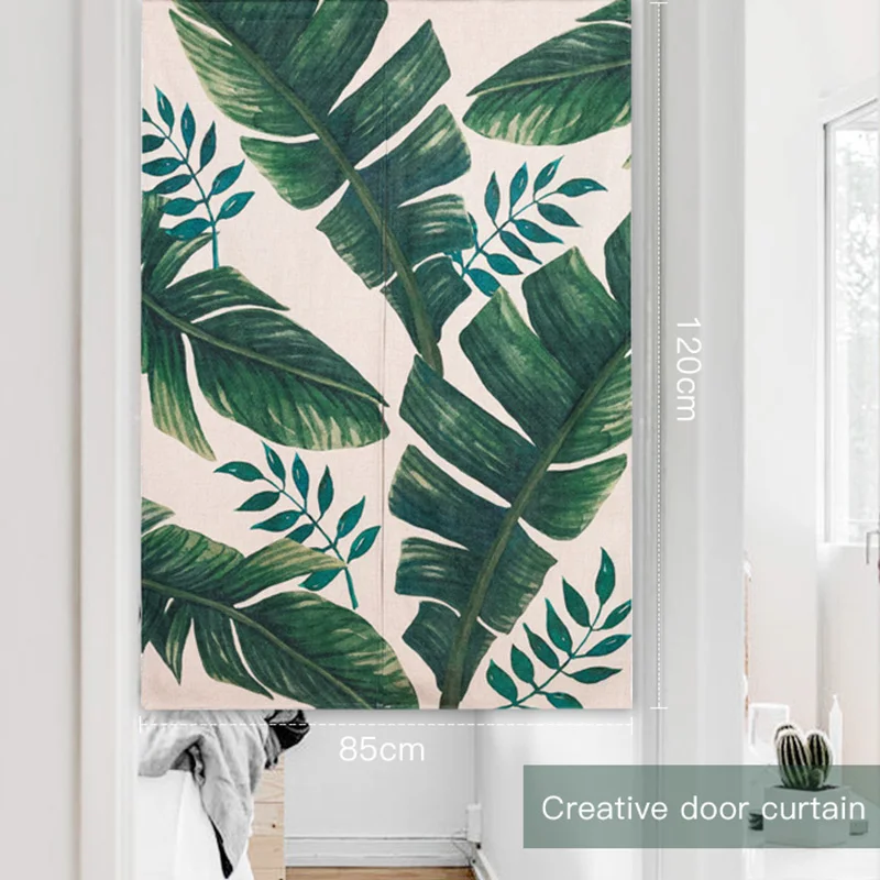 

New Linen NOREN Japanese Style Door Curtain Green Leaf of Tropical Palm Telopea monstera Printed Tapestry 85x120cm/85x90cm