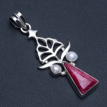 

Natural Cherry Ruby and River Pearl Boho Style 925 Sterling Silver Pendant Necklace 2" R0591