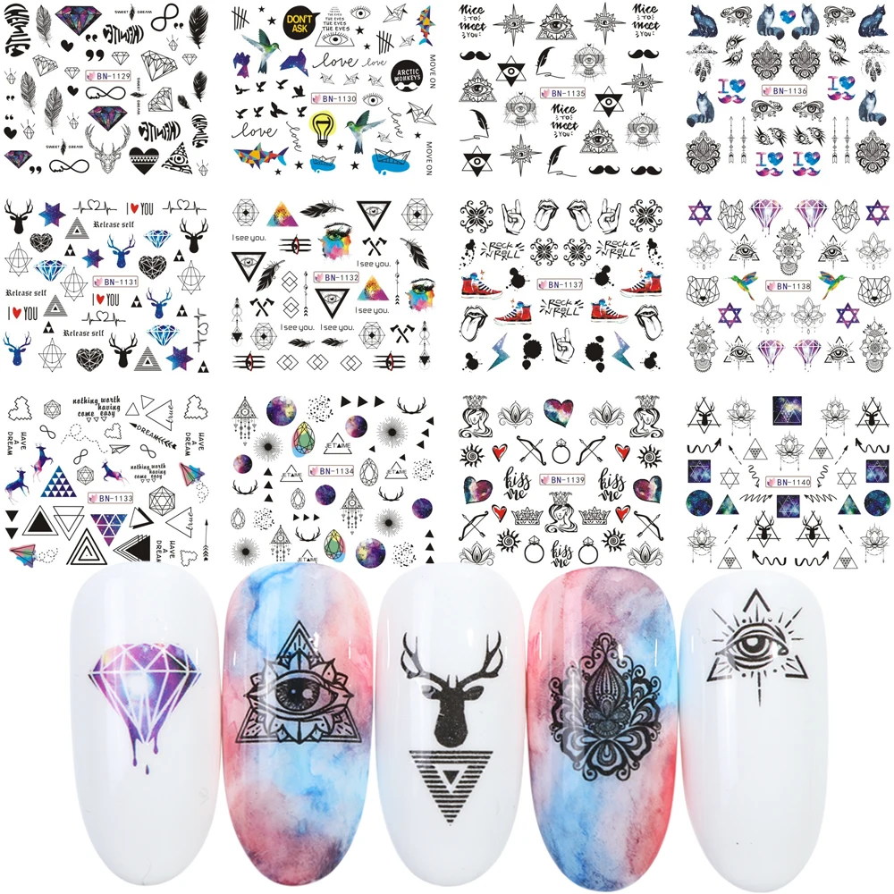 

12 Designs Water Transfer Nail Sticker Triangle Geometric Stars Feather Animal Pattern Decal Sliders For Nail Art JIBN1129-1140