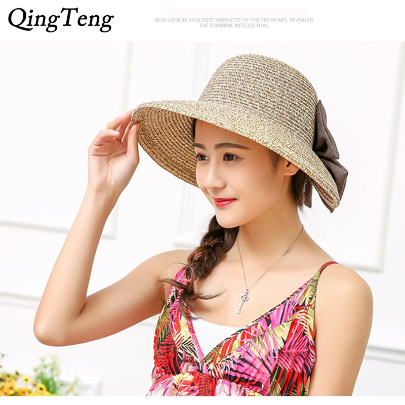 

Summer Ponytail Beach Hat Bow Sun Visor Cap Casual Panama Straw Hat Girls Sombrero Chapeau Femme
