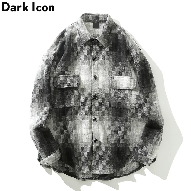 

Dark Icon Mosaics Plaid Woolen Shirts Men 2019 Autumn Fashion Mens Shirts Casual Shirts for Man Long Sleeve
