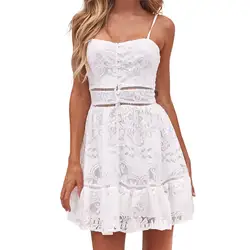 Женское летнее элегантное белое кружевное цветочное мини-платье с цветочным принтом, сексуальное платье без рукавов с бретельками и