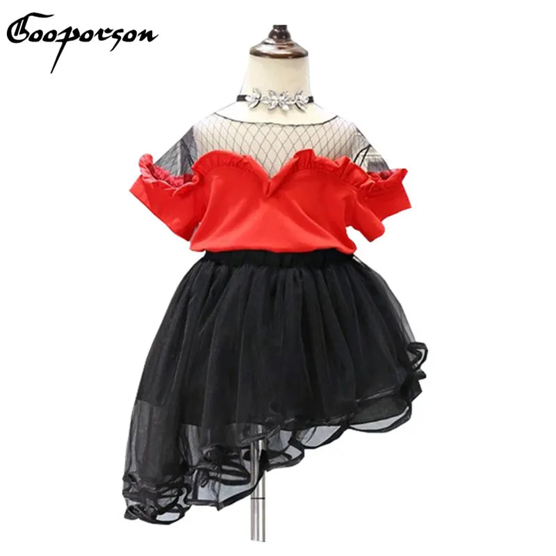 2017 New Fashion Baby Girl 2 Pcs Clothes Set Red Net Shirt With