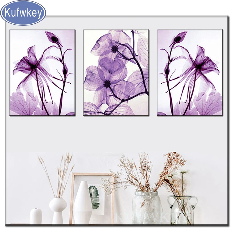 

3 Panels purple flower pattern diamond painting full square New Diamond embroidery sale rhinestones pictures diamond mosaic 5d