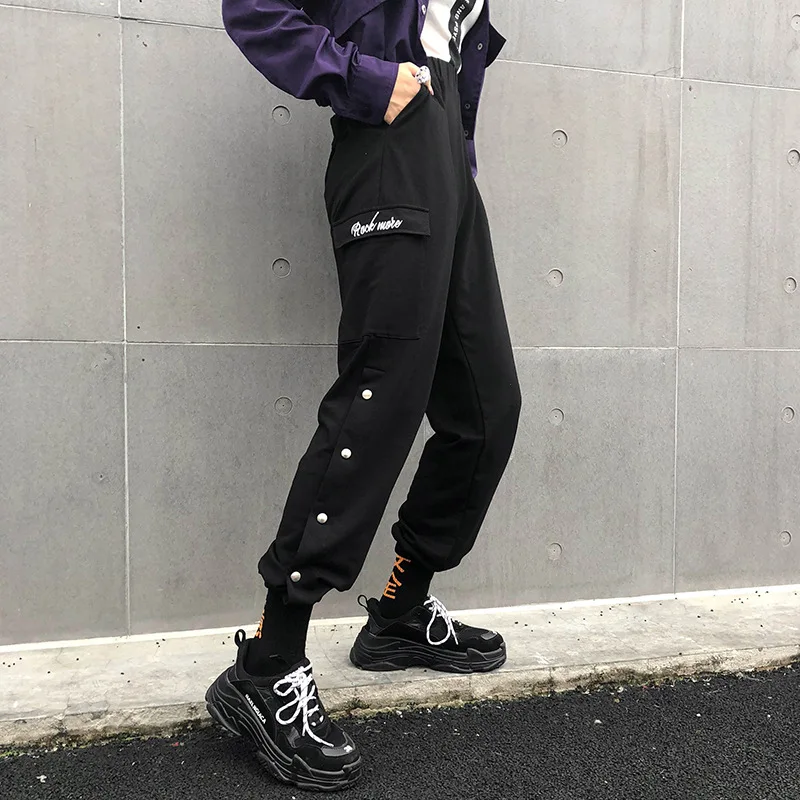 Liva Girl Black Cotton Embroidery Button Side Split Pocket High Waist Women Sweat Pants Winter Elastic Cargo Trousers Joggers