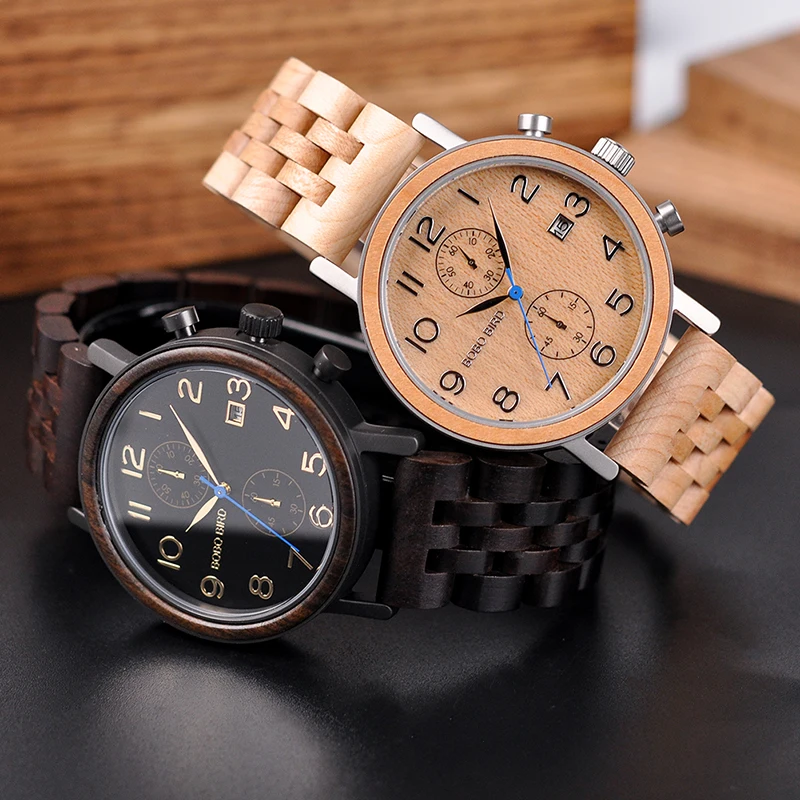 Online BOBO VOGEL Relogio Masculino Business Holz Metall Uhr Chronograph Qualität Bewegung Armbanduhr Geschenk Datum Kalender Uhren S08