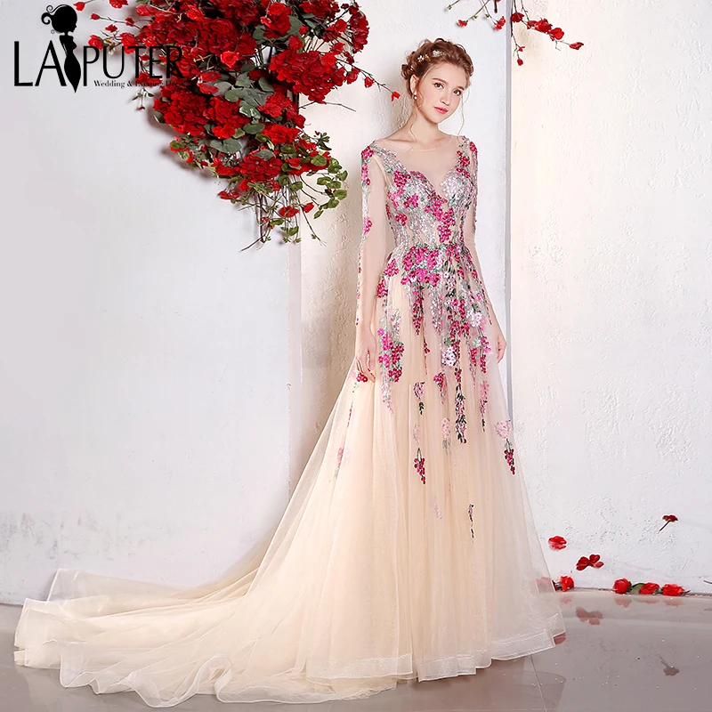 Romantische 2017 Real Photo Kleurrijke Franse RU Borduren Lace Bloemen Applicaties A-lijn Tulle Lange Mouwen Roze Prom Avondjurk Romantische 2017 Real Photo Kleurrijke Franse RU Borduren Lace Bloemen Applicaties A-lijn Tulle Lange Mouwen Roze Prom Avondjurk