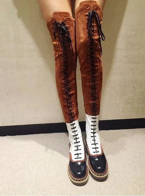 

Winter Mixed Colors Suede And Leather Flat Over The Knee Boots Woman Lace-up Motorcycle Boots Thigh High Booties Zipper Woman