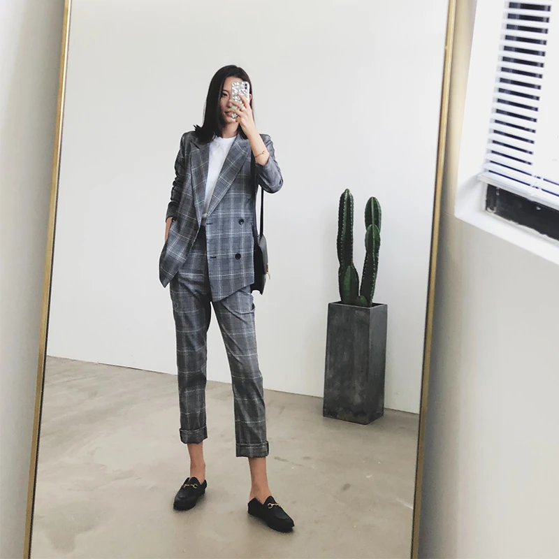 England Plaid Suits Women Autumn Blazer 2 Two Piece Set Ladies Pants Suits Striped Jacket & Pant trajes de mujer