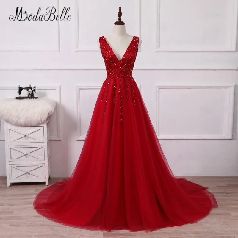 Moda vestidos De fiesta graduación con abalorios 2018 batas De Bal Longue cuello en V una línea tul rojo/trajes De Burdeos para la graduación - AliExpress