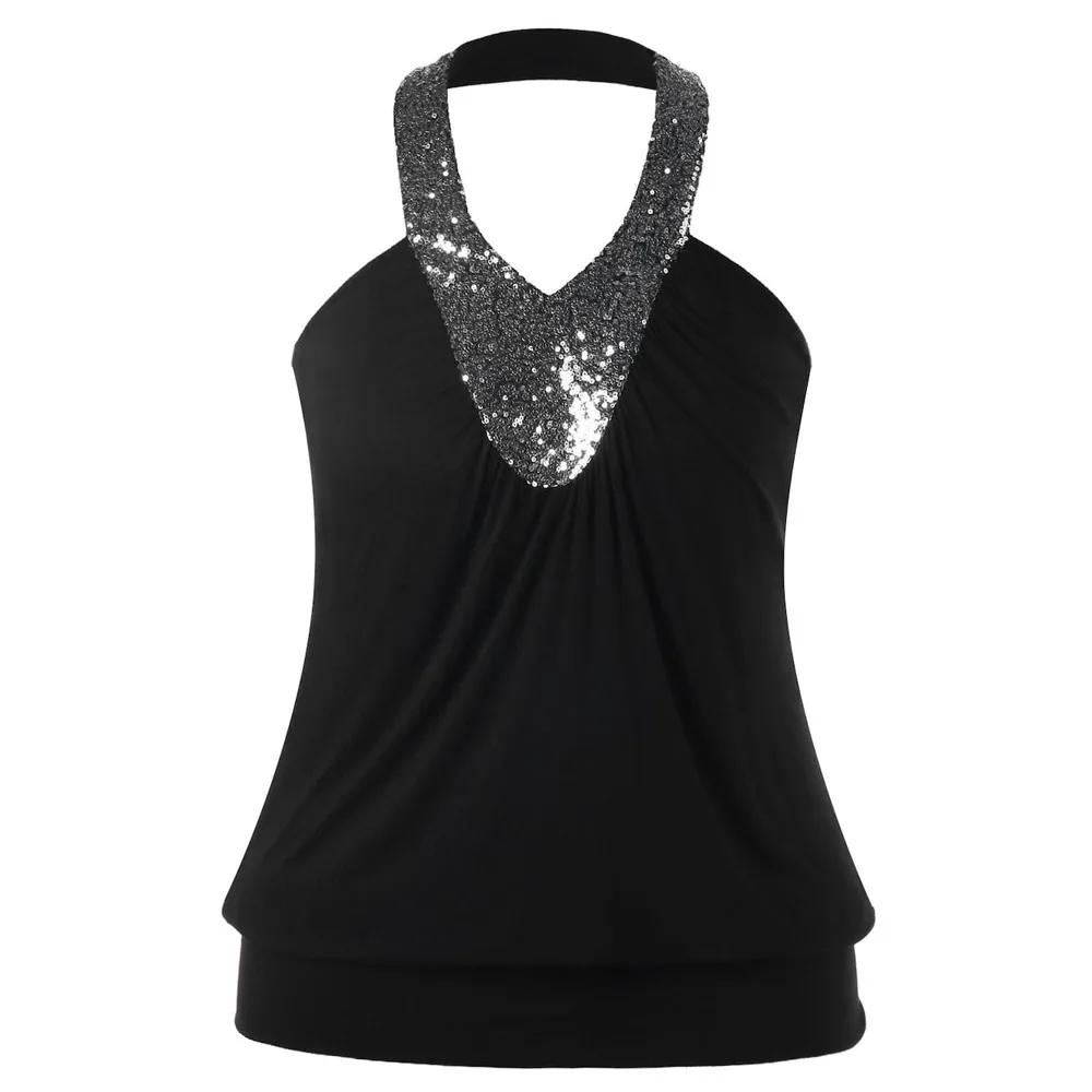 Women Blouse Fashion Casual Halter Sequins Open Back Backless Tank Top Sleeveless Vest Sequin Lace Vest Streetwear