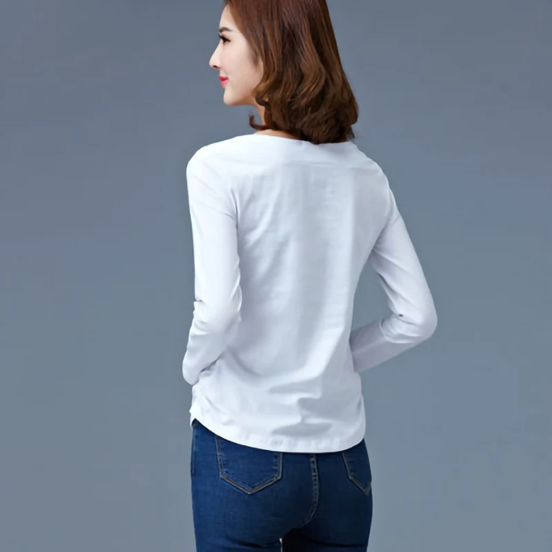 Простая Этническая вышивка футболка с длинным рукавом женские хлопковые весенние топы плюс размер женские одноцветные белые осенние приталенные футболки