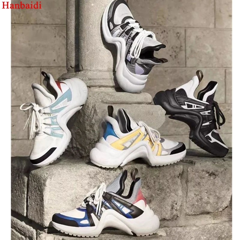 

Hanbaidi Brand 2018 Lace Up Trainers Woman Real Leather Mesh Women Casual Shoes Mixde Colors Platforms Shoes Archlight Sneakers