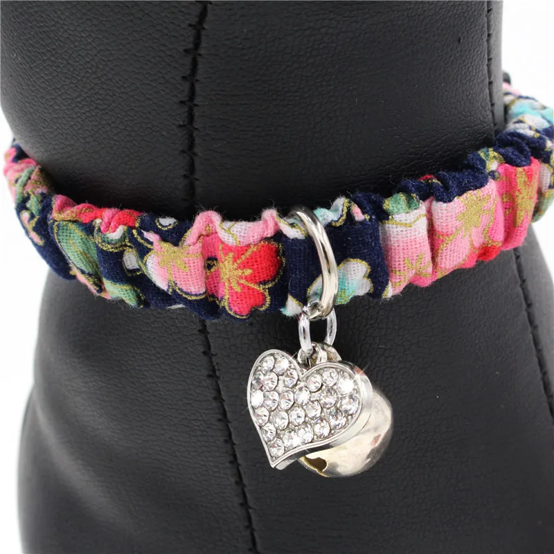 

Floral and Plaid Fabric Small Collar for Cats Small Dogs with Bell and Rhinestones Pendant