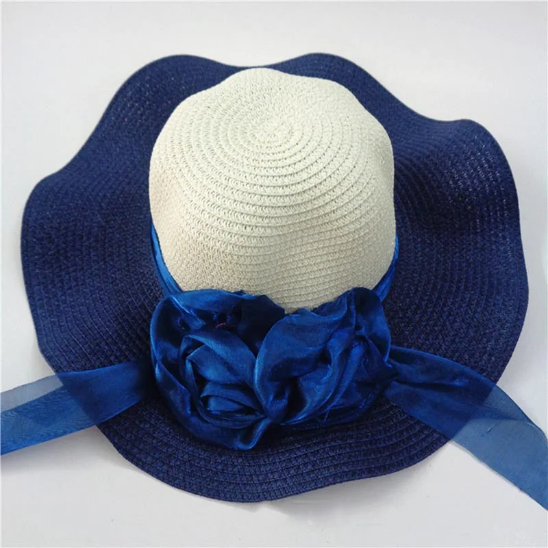 Fashion Straw Hat Flower Ribbon Summer Beach Wide Brim Fisherman Sunscreen Folding Hand Made Casual Wave Girls Hats CP0238 (2)