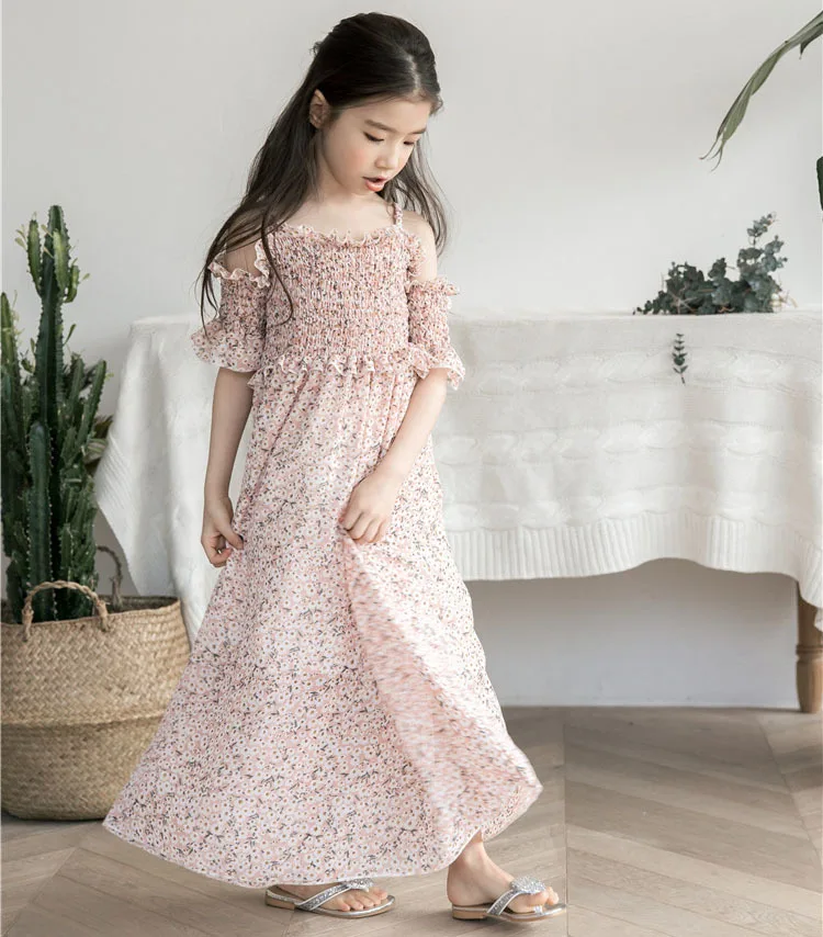 floral maxi long dress girl a line dress mother daughter clothes big girls dresses summer 2018 pink green beach holiday baby girls with sleeve teeange girls clothing (8)