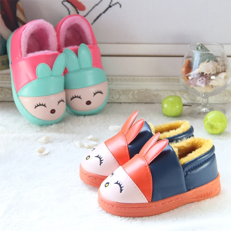 New Winter Children Shoes Cute Cartoon Warm Plush Boys Girls Slippers Warterproof Pu Leather Slip Resistant