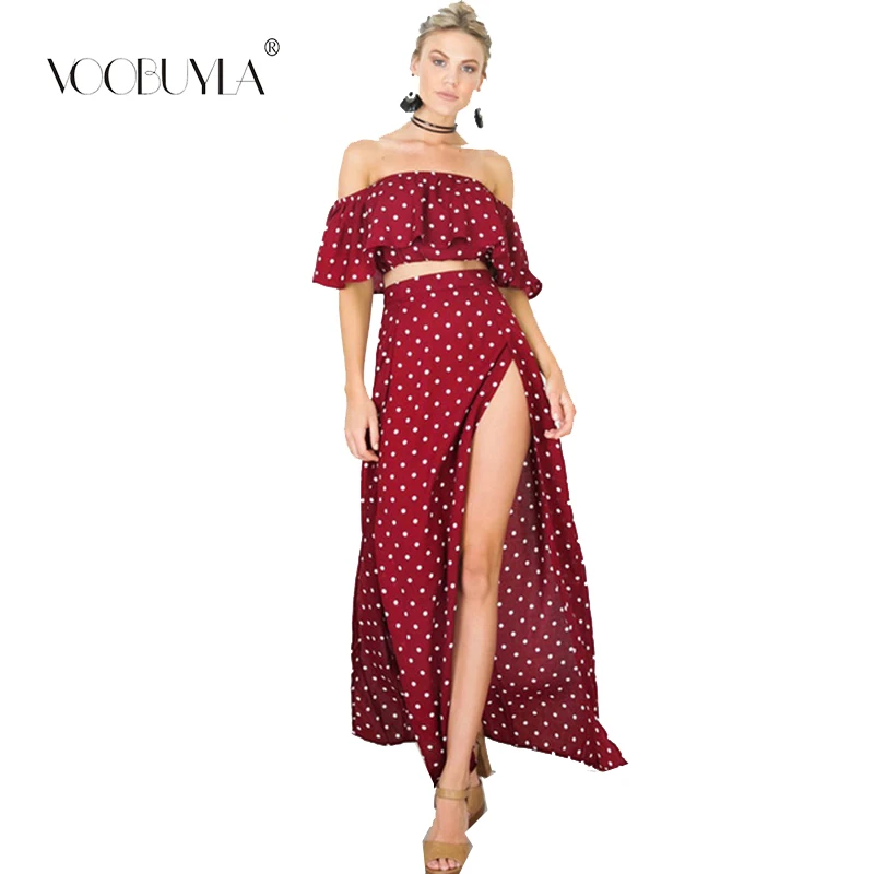 

Voobuyla Sexy 2019 Summer Women Sleeveless Off Shoulder Backless Dress Cocktail Party 2 pcs Set Dresses Ruffles Polka Dot Dress