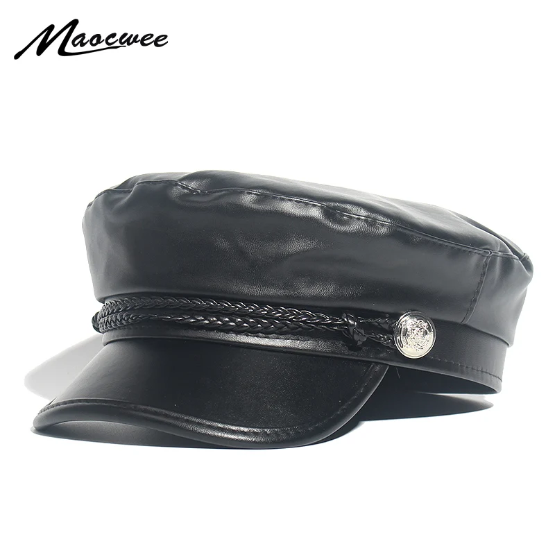 

Fashion PU Military Hats Faux Leather Casual Thermal Men Army Hat Short Brim Cadet Adult Cap Women Bone Female Berets Gorras