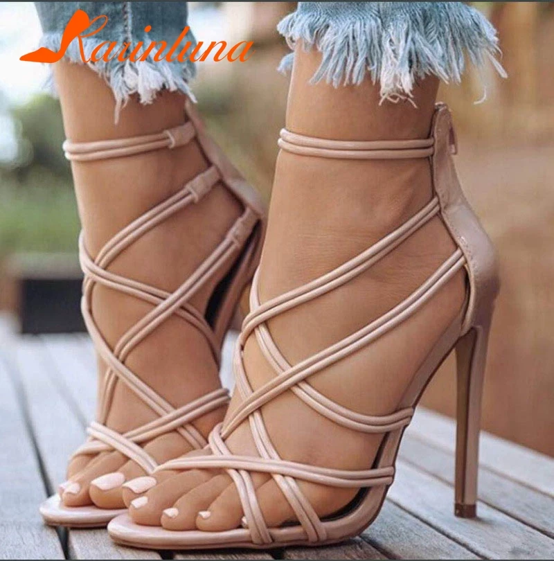 KARINLUNA New Solid Thin High Heels Zip Cross Tied Cover Heel Shoes Woman Casual Party Sexy