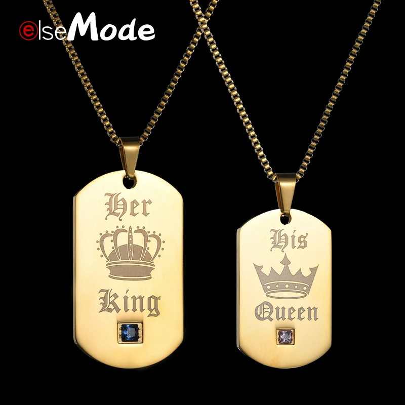 

ELSEMODE 1 Pair CZ Stone Her King His Queen Lover Gold Pendant Necklace Titanium Stainless Steel For Men Women Couple Jewelry