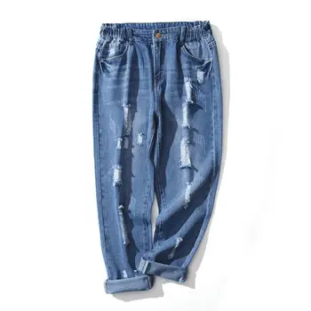 

can ift 90kg plus size jeans female fashion brand 100% cotton hand made scratched hole was thin elastic waist wide leg wq1073