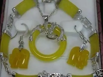 

Wonderful white yellow Elephant Natural stone pendant Necklace bracelet earring set AAA style 100% Noble Fine jewe