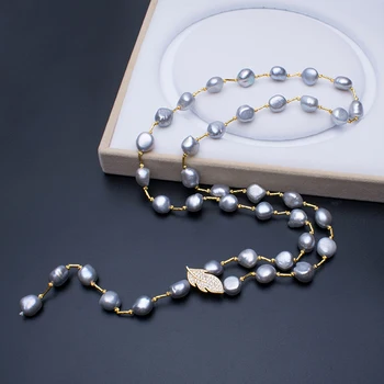 

Fashion Baroque Natural Pearl In Grey Color Necklace With Leaf Decoration Women Keshi Pearl Sweater Necklace Chain Jewelry