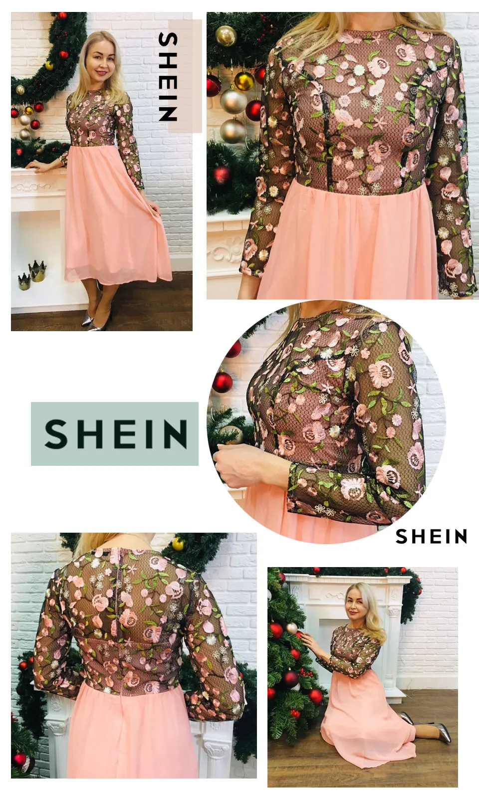 SHEIN выходное розовое цветочное вышитое контрастное Сетчатое платье с лифом и круглым вырезом с высокой талией женское ТРАПЕЦИЕВИДНОЕ Длинное Элегантное платье