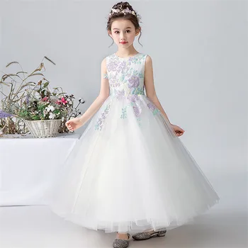 

3~15Years Children Girls Elegant Embroidery Flowers White Birthday Wedding Party Princess Dress Kids Teens Piano Fluffy Dresses
