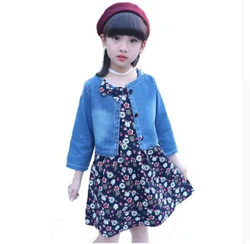 

Children Clothes Sets for Girls Print Dress & Denim Coats Suits Infant Vestido Jeans Jackets Outfit for Girls Kids Clothing Sets