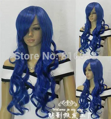 Dark Blue Long Curly Hair Wig Bangs Roll |