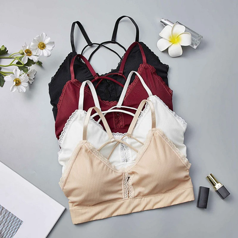 

2019 Lace Bra Sexy Hollow Out Cross Back Solid Color Lingerie Fashion Beauty Back Wrapped Chest Beauty Back Base Vest