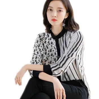 

Contrast Color Women Spring Blouses 2019 Fashion Autumn Women Short Blouses Stand-Collar Long Sleeve Chiffon Shirts Mujer CQ2865