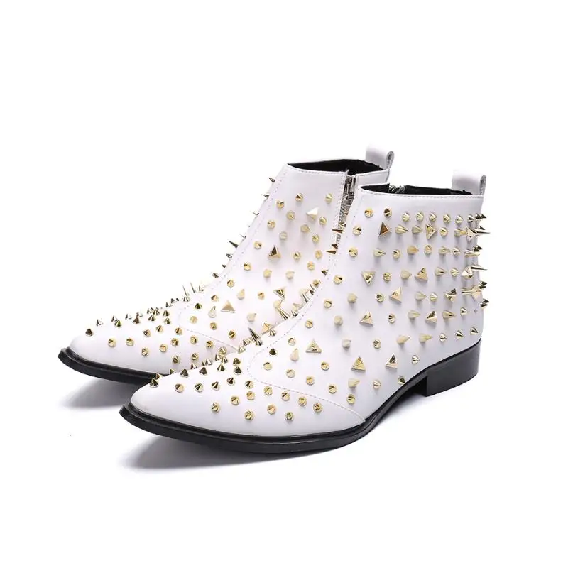 

Fashion Punk Rivets Men Ankle Boots Pointed Toe Men Motorcycle Boots British Style Dress Boots White