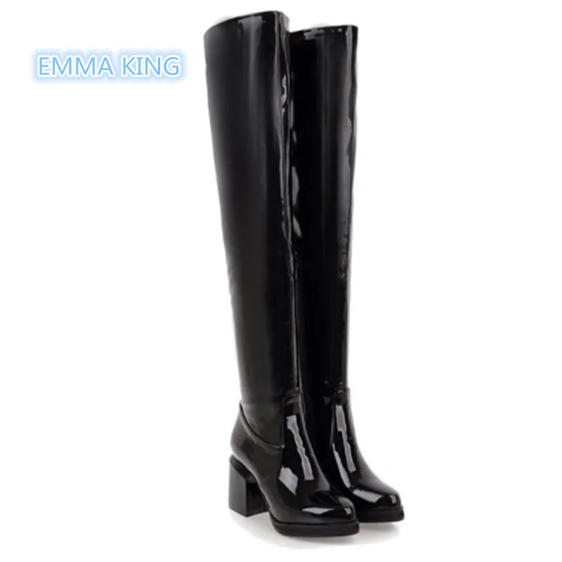 

Solid Patent Leather Over The Knee Long Boots Women Pointed Toe Chunky High Heels Fashion Thigh High Boots Side Zip Shoes Woman