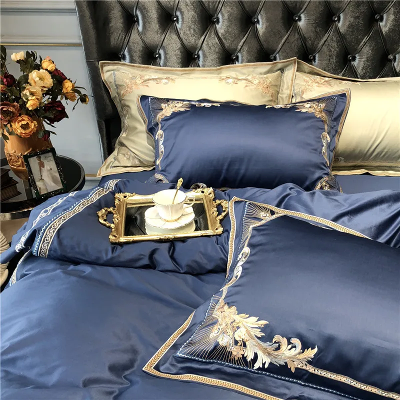 Top Champagne Blue White Luxury Royal Embroidery 100S Egyptian Cotton Palace Bedding Set Duvet Cover Bed sheet/Linen Pillowcases 39