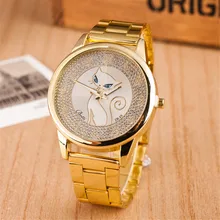 Or Bande En Acier Plein Grand Cadran Dames Chat Montre Femmes Diamant de luxe De Genève De Mode Robe Quartz Montre Horloge Relogio Feminino chaude