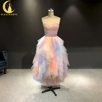 

JIALINZEYI Real Picture Sexy Colorful Spaghetti Straps Ankle Length Prom Dresses Party Dresses 2019