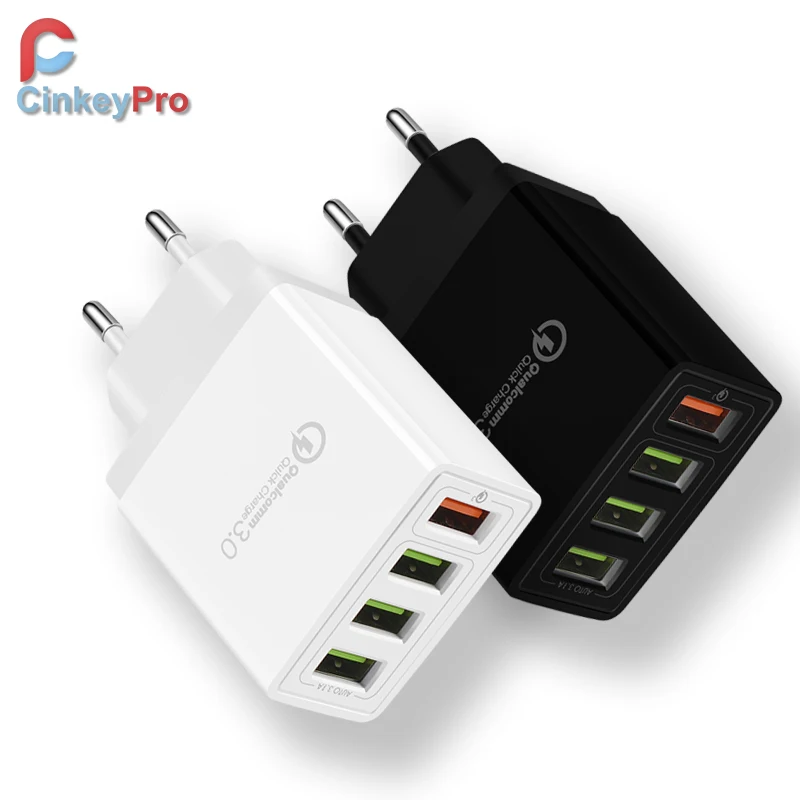 CinkeyPro شاحن يو اس بي 4-منافذ سريعة تهمة 3.0 لسامسونج فون XiaoMi جدار الهاتف المحمول مهايئ عام سريع شحن 4.0