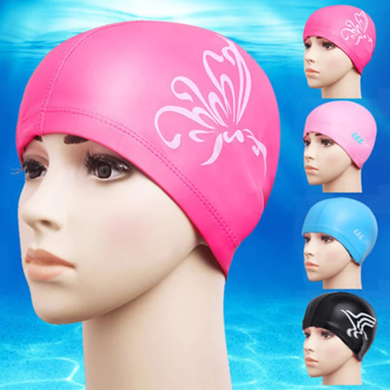 Free size Elastic Waterproof PU Fabric Swim Cap Ears Long Hair