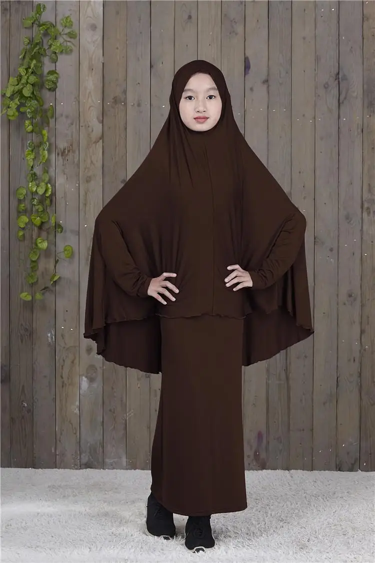Комплект мусульманских детских платьев для девочек, jilbaw abaya Burka Hijab, исламское платье макси, молитвенная одежда, Рамадан, арабский халат, детские костюмы с полным покрытием, новинка - Цвет: Coffee