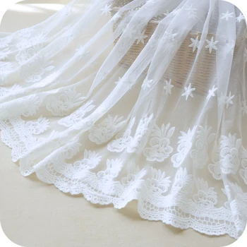 

off white lace fabric by the yard, ivory white cotton embroidered lace fabric, double edge floral lace fabric