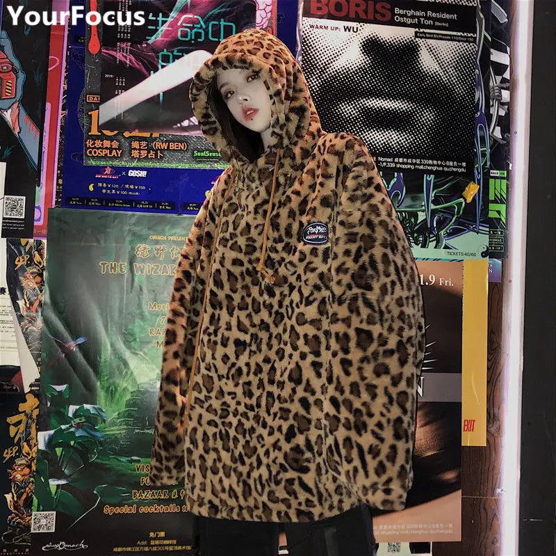 

Harajuku vintage ins hot winter warm thick embroidery oversize leopard pattern plush hooded women hoodies YQ-901