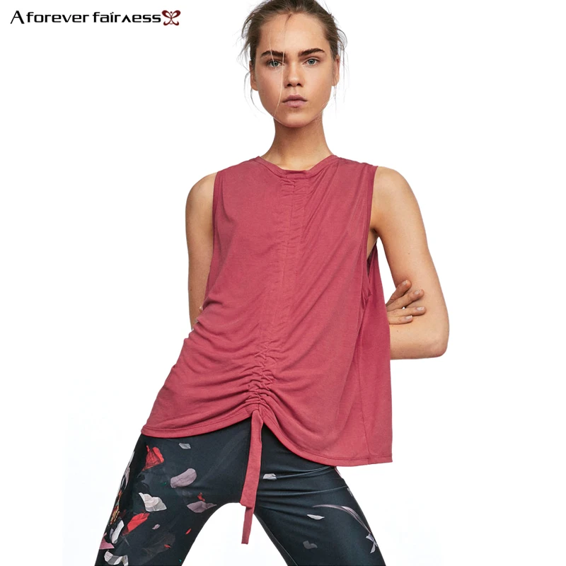 

A Forever Fairness Summer Women T Shirts harajuku Tee Sleeveless O-Neck Middle Fold Drawstring Loose Casual T-shirt Tops AFF2048