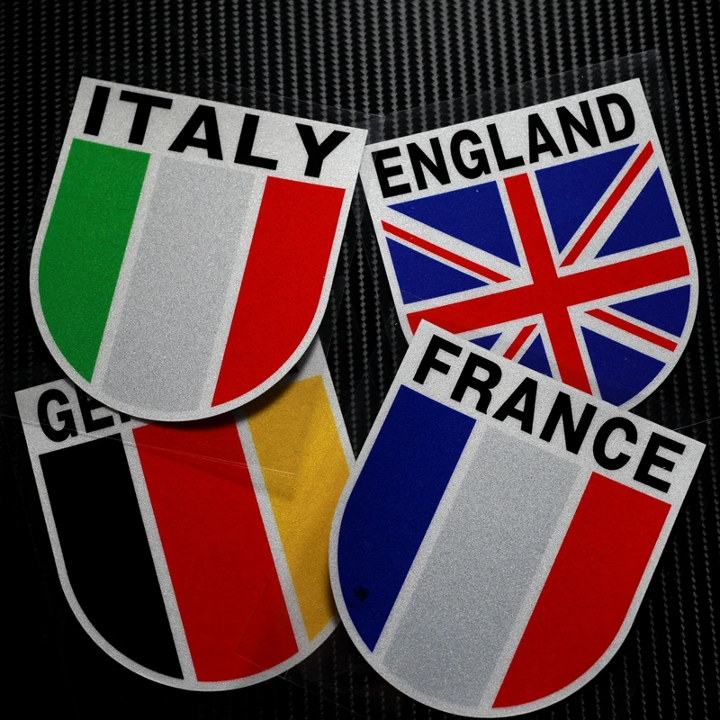 

NO.LS006 Free shipping Shield Italy England Germany France National Flag 3M Car Reflective Stickers Decals Motorcycle GP Racing