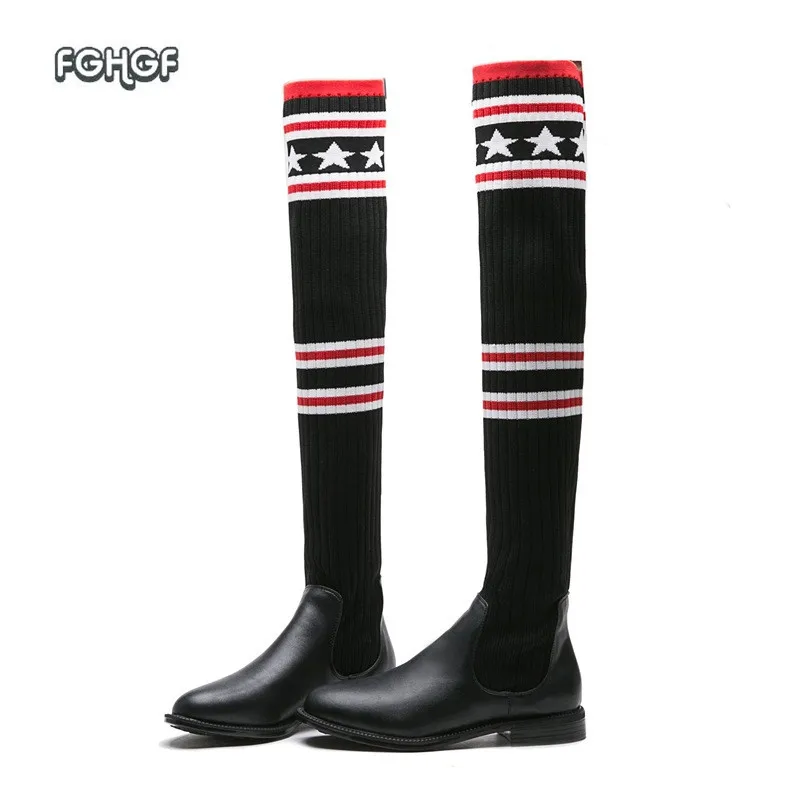 Online Nuevo invierno Botas mujeres zapatos mujer rodilla Botas altas sobre la rodilla Botas punto elástico Delgado Botas mujer Zapatos